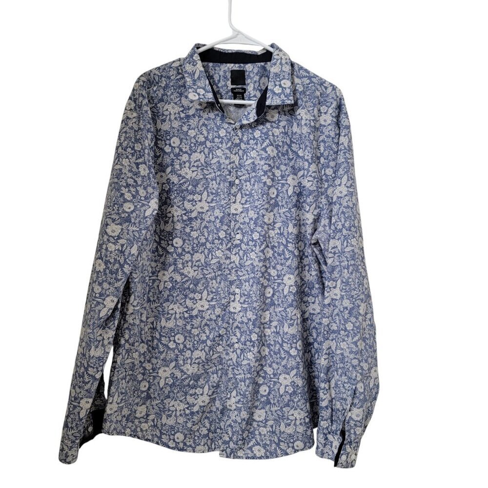 H&M Size XXL Wedgewood Blue with Ivory Floral Pattern Button Down Shirt